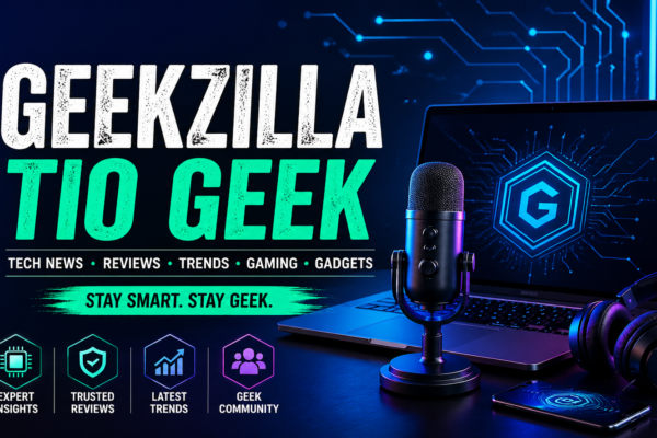 Futuristic tech-themed banner featuring ‘Geekzilla Tio Geek’ branding with neon blue and green digital accents, a microphone, laptop, and headphones on a modern desktop setup, highlighting tech news, reviews, gaming, and gadgets in a cyber-style design.