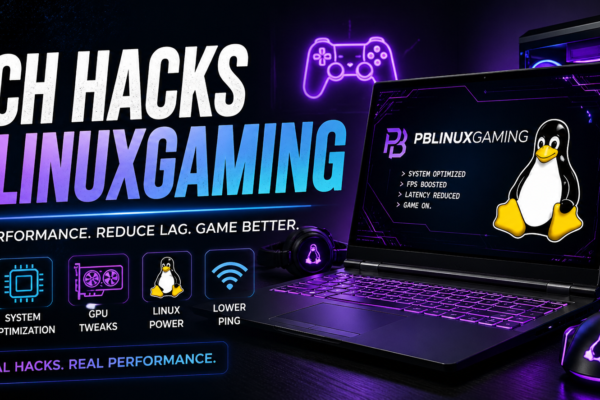 Tech Hacks PBLinuxGaming feature image showing a futuristic Linux gaming setup with neon lighting, performance optimization icons, and a laptop displaying boosted FPS, reduced latency, and system tweaks for high-performance gaming.