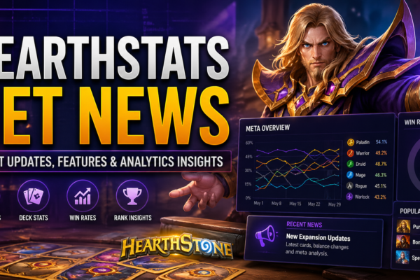 Hearthstats Net News feature image showing a fantasy mage character with glowing magic, alongside gaming analytics dashboards displaying meta trends, deck stats, win rates, and Hearthstone performance insights in a modern digital interface.