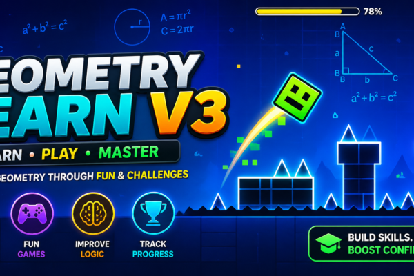 Wide 1200x600 feature banner showing ‘Geometry Learn V3’ in bold neon-styled text over a futuristic blue geometric background, featuring math formulas, shapes, and a Geometry Dash-inspired character jumping through obstacles, with icons representing learning, gaming, logic, and progress.