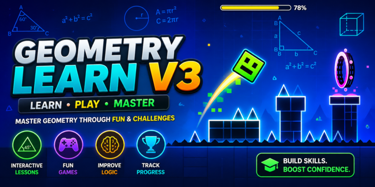 Wide 1200x600 feature banner showing ‘Geometry Learn V3’ in bold neon-styled text over a futuristic blue geometric background, featuring math formulas, shapes, and a Geometry Dash-inspired character jumping through obstacles, with icons representing learning, gaming, logic, and progress.