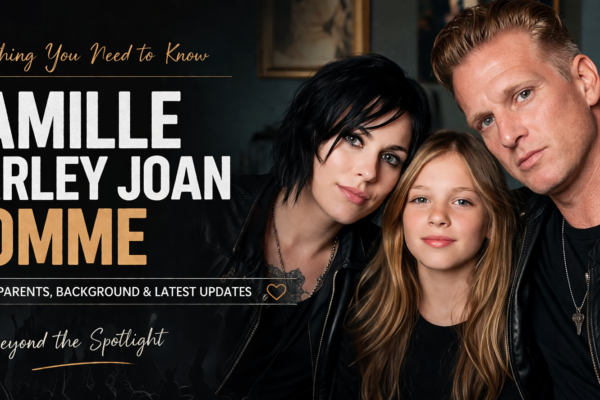 Cinematic editorial banner featuring a stylized family portrait of a woman, a young girl, and a man against a dark blurred background, with bold typography reading “CAMILLE HARLEY JOAN HOMME” and supporting design elements highlighting family, age, Instagram presence, and future themes in a modern, magazine-style layout.