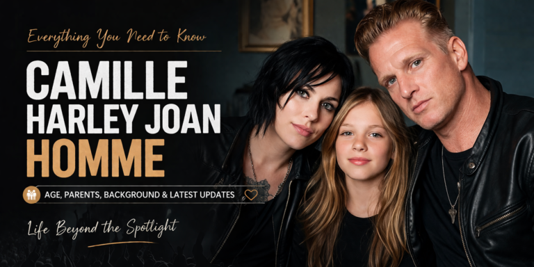Cinematic editorial banner featuring a stylized family portrait of a woman, a young girl, and a man against a dark blurred background, with bold typography reading “CAMILLE HARLEY JOAN HOMME” and supporting design elements highlighting family, age, Instagram presence, and future themes in a modern, magazine-style layout.