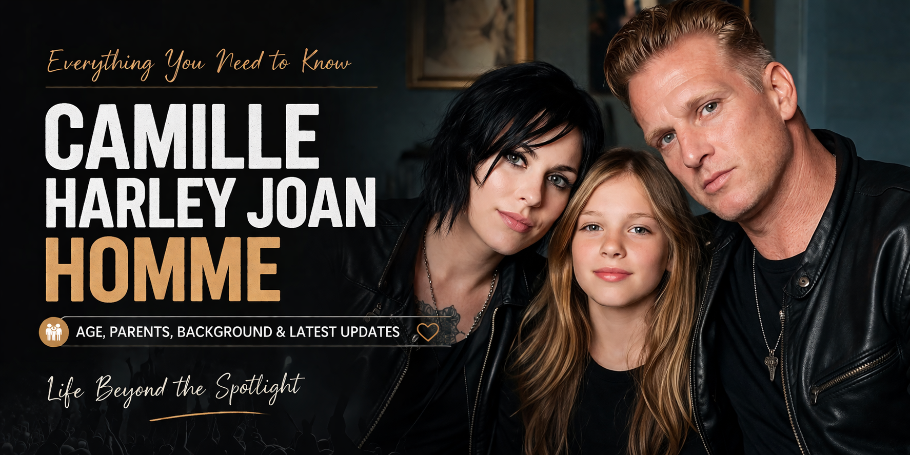 Cinematic editorial banner featuring a stylized family portrait of a woman, a young girl, and a man against a dark blurred background, with bold typography reading “CAMILLE HARLEY JOAN HOMME” and supporting design elements highlighting family, age, Instagram presence, and future themes in a modern, magazine-style layout.