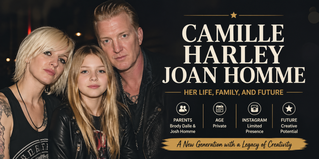 Cinematic editorial banner featuring a stylized family portrait of a woman, a young girl, and a man against a dark blurred background, with bold typography reading “CAMILLE HARLEY JOAN HOMME” and supporting design elements highlighting family, age, Instagram presence, and future themes in a modern, magazine-style layout.