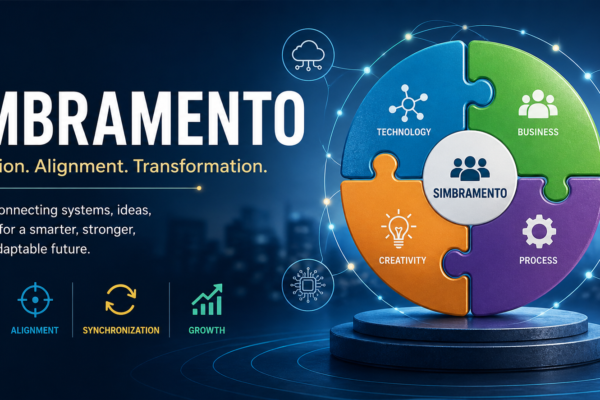 Simbramento concept illustration showing interconnected puzzle pieces labeled technology, business, creativity, and process with digital network connections on a modern blue background representing integration, alignment, and transformation.