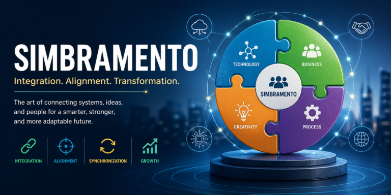 Simbramento concept illustration showing interconnected puzzle pieces labeled technology, business, creativity, and process with digital network connections on a modern blue background representing integration, alignment, and transformation.